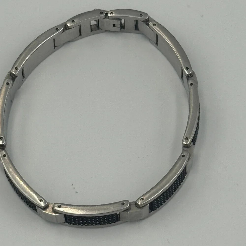 Mens Stainless Steel Link Bracelet‎ Silver Black Carbon Fiber Inlay Industrial